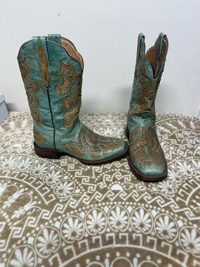 Tanner Mark Rustic Turquoise and Brown Leather Boots unisex 9.5M 11.0 W